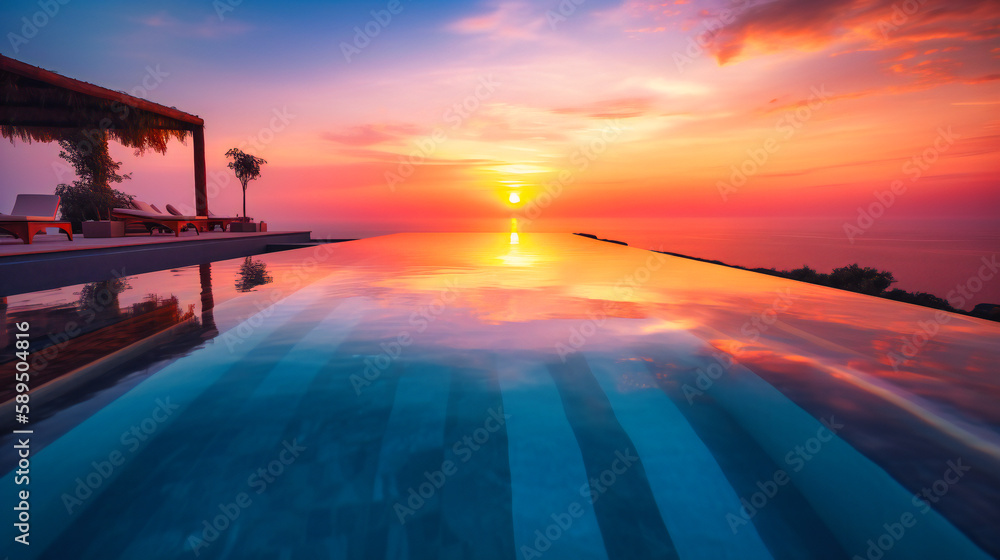 A captivating image of a lavish infinity pool set against a stunning summer sunset, offering a luxurious retreat