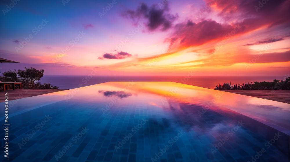 Fototapeta premium A captivating image of a lavish infinity pool set against a stunning summer sunset, offering a luxurious retreat