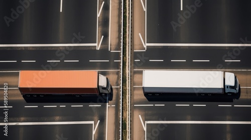 Artistic Highway Scene with Semi Trucks: Installation Based Design, Dynamic Lines, Viennese Actionism, 16:9 Aspect Ratio. Generative AI Illustration photo