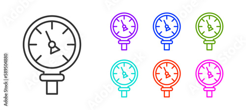 Black line Pressure water meter icon isolated on white background. Set icons colorful. Vector