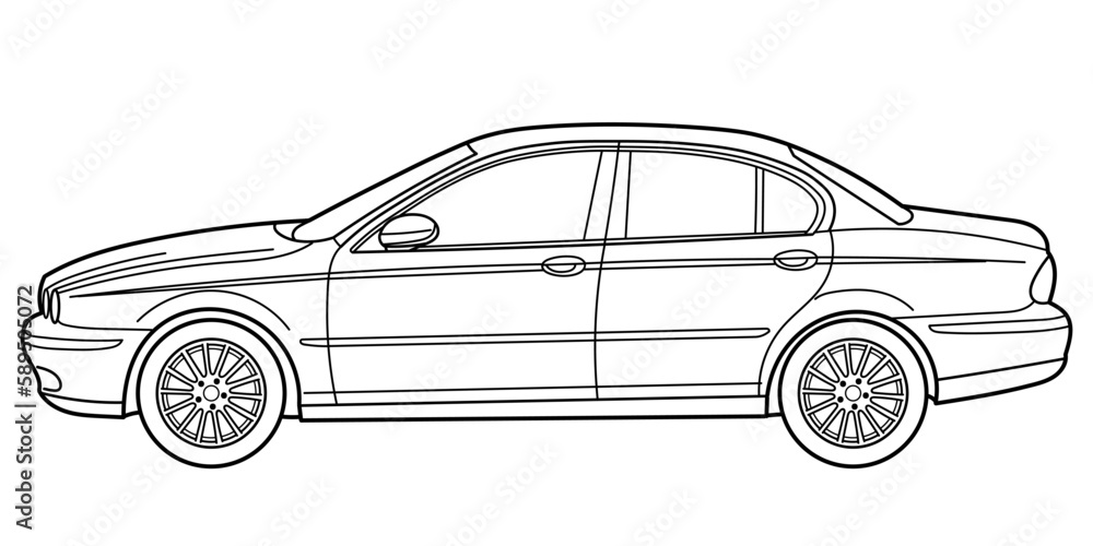 Classic sedan car. 4 door car on white background. Side view shot. Outline doodle vector illustration Classic sedan car. 4 door car on white background. Side view shot. Outline doodle vector illustration