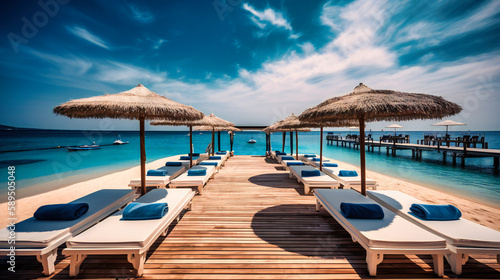 An inviting image of a high-end beach club  showcasing sumptuous sun loungers  stylish parasols  and a serene ocean setting