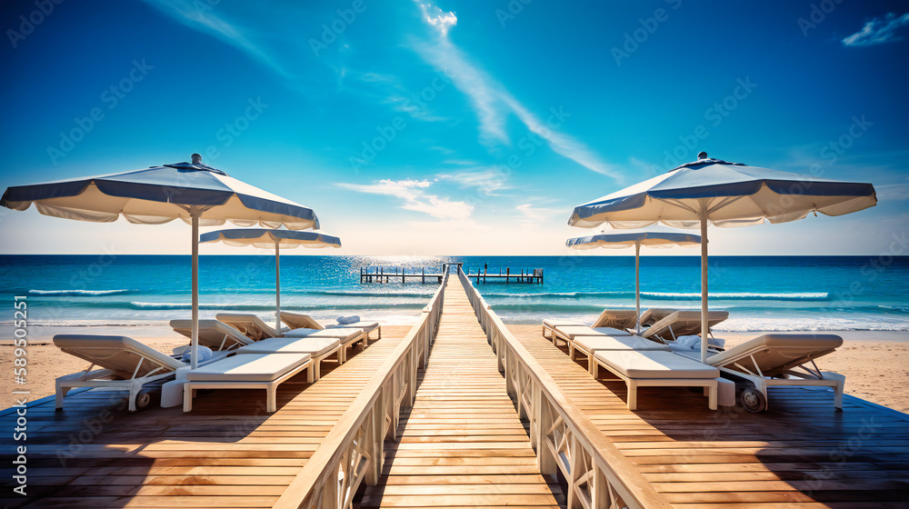 An inviting image of a high-end beach club, showcasing sumptuous sun loungers, stylish parasols, and a serene ocean setting