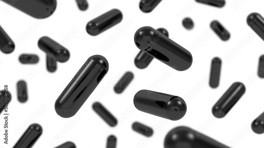 Activated carbon. Isolated. Activated charcoal. Pills. Tablets. Close-up. 3d illustration. Activated carbon. Isolated. Activated charcoal. Pills. Tablets. Close-up. 3d illustration.