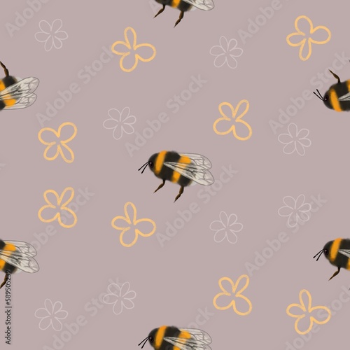 Seamless pattern with cute bumblebee  yellow and white flowers on a light coffee background  childish animal print  digital hand drawing.