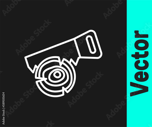 White line Hand saw and log icon isolated on black background. Vector