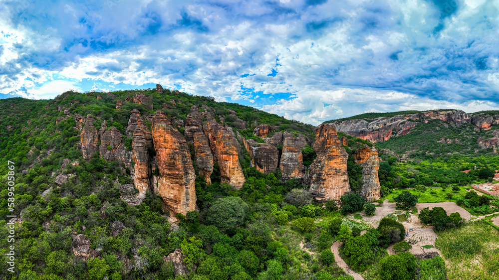 Aerial of the Sandstone cliffs in the Serra da Capivara National Park, UNESCO World Heritage Site, Piaui, Brazil Aerial of the Sandstone cliffs in the Serra da Capivara National Park, UNESCO World Heritage Site, Piaui, Brazil