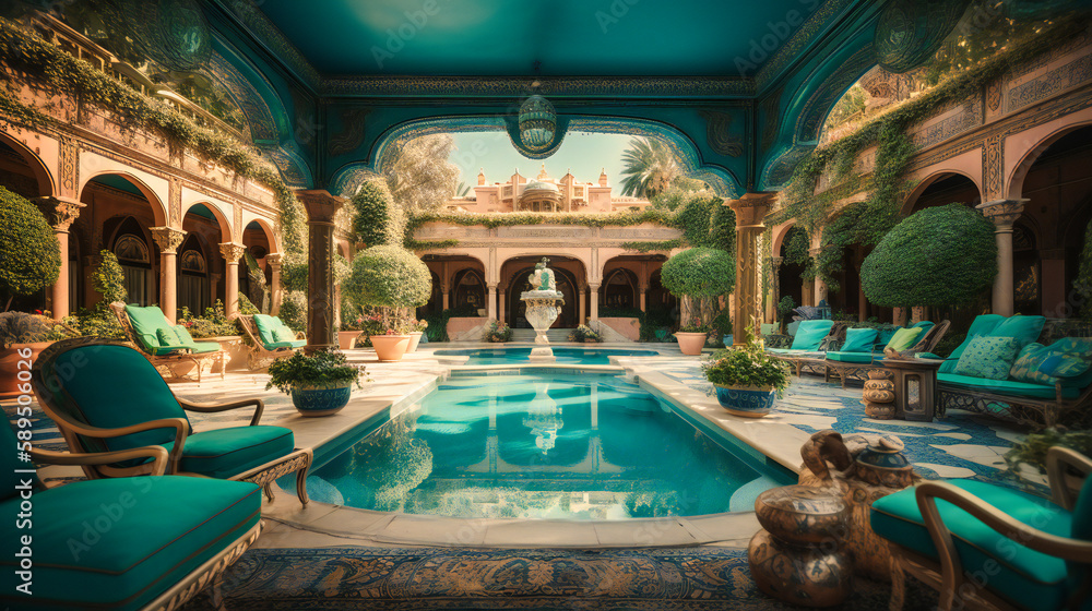 An alluring image of a lavish poolside lounge area, set within the sumptuous surroundings of an upscale summer mansion, epitomizing extravagance and leisure