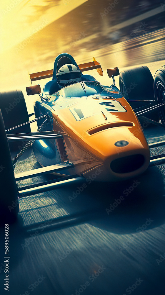 Obraz premium A Sleek Open-Wheel Yellow Racing Car Speeding down a Track at Sunset, made with Generative AI