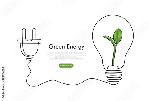 Green energy. Plant inside Lightbulb and plug in one line drawing. Creative concept of Eco energy and environmental friendly sources. Vector illustration