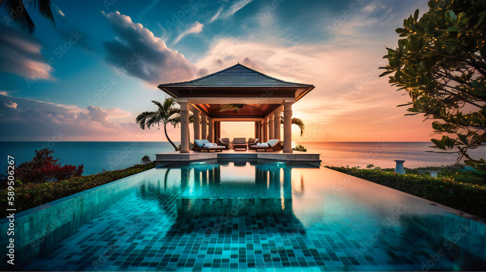 A captivating image of an upscale pool villa, immersed in the tropical landscape and offering a mesmerizing view of the endless ocean, symbolizing ultimate luxury A captivating image of an upscale pool villa, immersed in the tropical landscape and offering a mesmerizing view of the endless ocean, symbolizing ultimate luxury