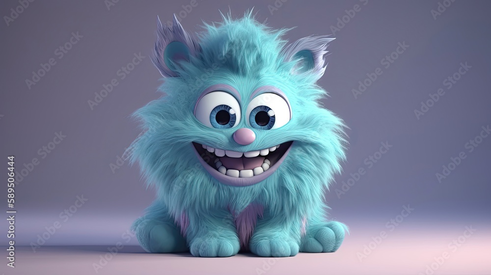 Fototapeta premium Cute furry monster 3d cartoon character. Generative AI