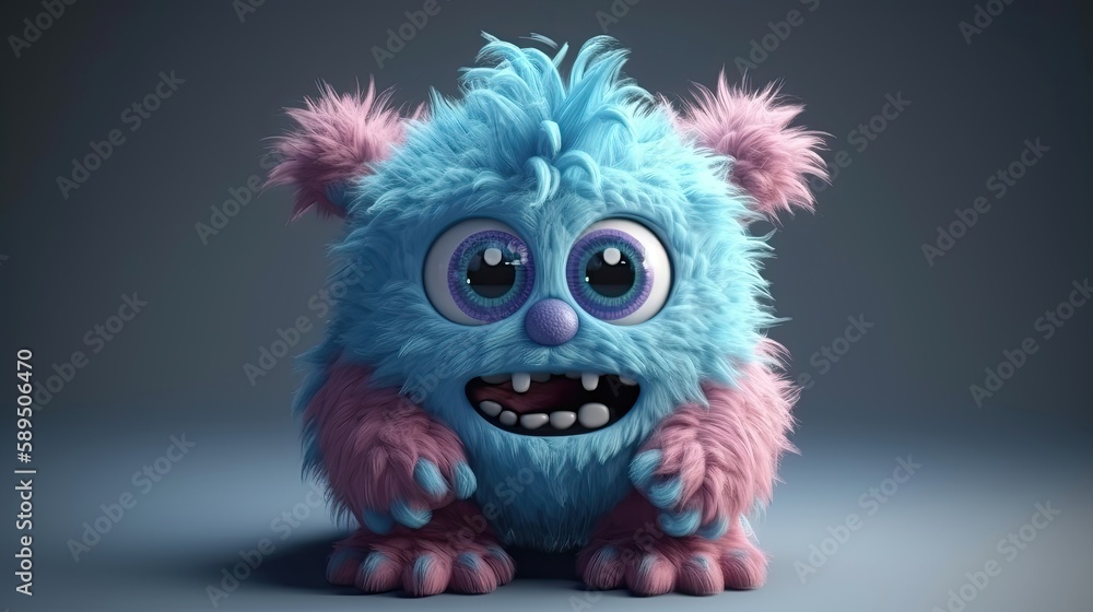 Cute furry monster 3d cartoon character. Generative AI