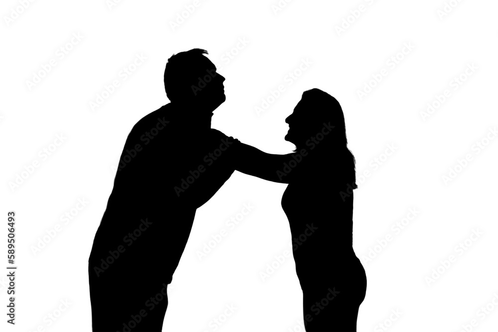 Silhouette of fighting man and woman, domestic violence concept. Couple husband and wife having relationship problems, isolated on a white background