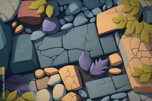 A painting of rocks and leaves, Generative AI