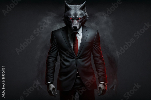 A man in a suit with a wolf head, Generative AI