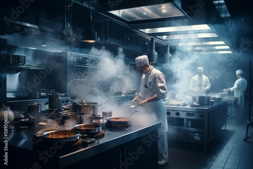 Wallpaper Mural Professional chefs cooking sophisticated food on dark kitchen full of smoke, cooking materials and tools