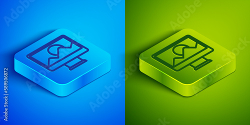 Isometric line Photo retouching icon isolated on blue and green background. Photographer, photography, retouch icon. Square button. Vector