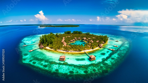 A stunning image of a lavish private island resort, boasting overwater villas, untouched beaches, and lush palms, perfectly blending opulence and natural serenity