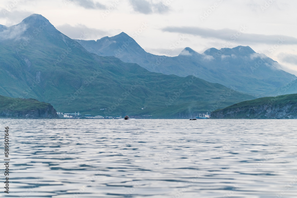 View of mountain chain over Unalaska bay, Unalaska, Alaska, United States. View of mountain chain over Unalaska bay, Unalaska, Alaska, United States.