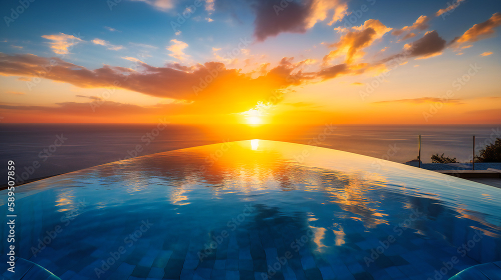 A breathtaking image of an infinity pool merging with the ocean horizon, enveloped in the warm hues of a sunset, epitomizing relaxation and opulence
