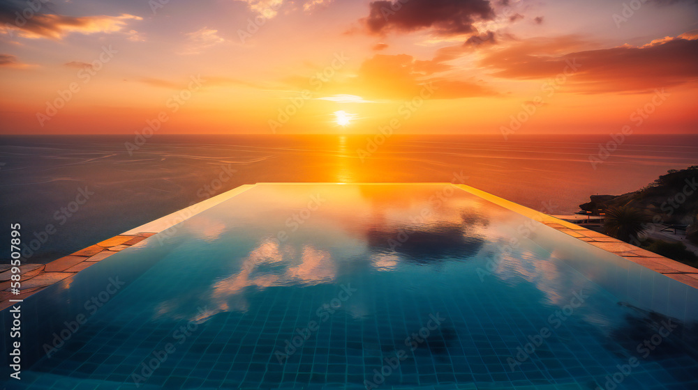 A breathtaking image of an infinity pool merging with the ocean horizon, enveloped in the warm hues of a sunset, epitomizing relaxation and opulence