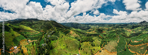 High perspective aerial view of hilly countryside of Minas Gerais, famous for its coffee production, Brazil