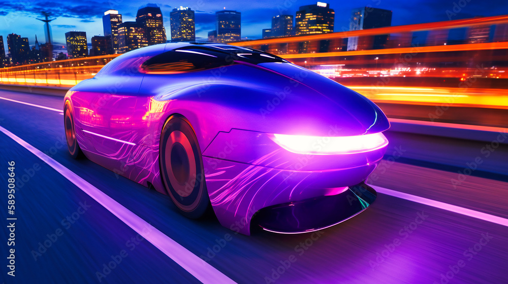 A neon-lit highway at dusk sets the stage for this futuristic electric cargo transport, cruising at high speed through a cityscape of blue and purple hues A neon-lit highway at dusk sets the stage for this futuristic electric cargo transport, cruising at high speed through a cityscape of blue and purple hues