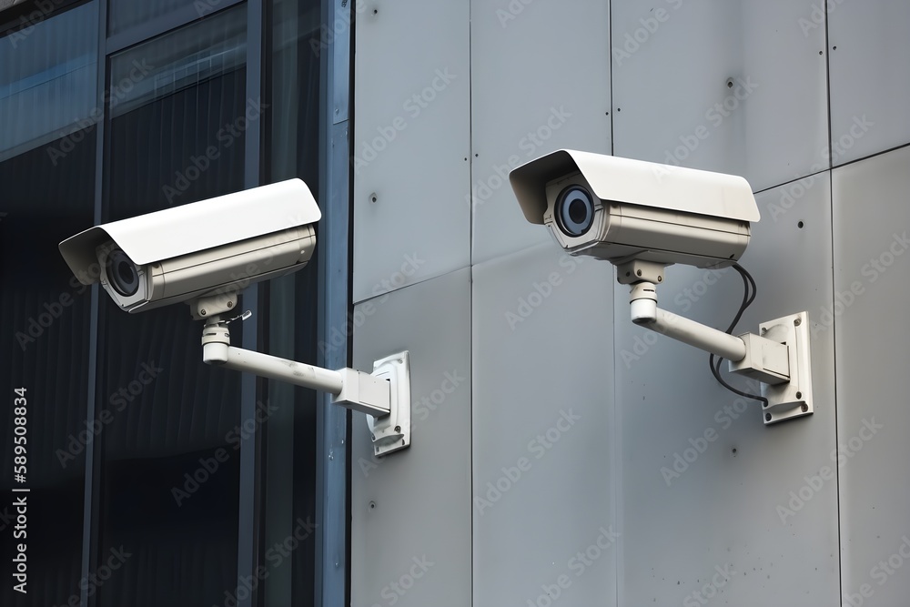 CCTV Surveillance Camera on a modern building wall monitoing the space, AI Generated