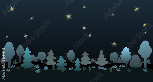 Hilly area with thickets of trees and shrubs. Night landscape nature. Sky with stars. Discreet dark twilight. Cartoon fun style. Seamless illustration. Flat design. Vector