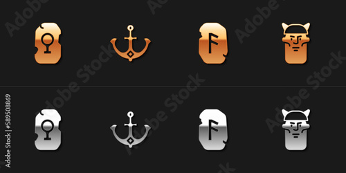 Set Magic rune  Anchor  and Viking head icon. Vector