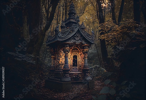 Shrine in the woods. Generative AI