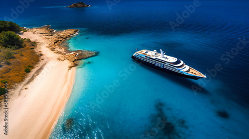 A lavish image of a luxurious yacht anchored near an idyllic beach, exuding an air of exclusivity and high-end living