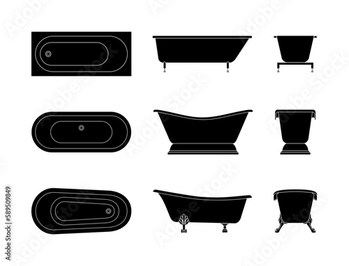 Wallpaper Mural The silhouette of the bathtub in the vector is isolated on a white background. Bathroom interior. Black and white bathroom icons. A set of baths. Hygiene in the house. Cartoon bath Torontodigital.ca