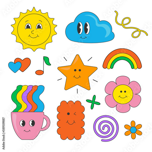 Set of sticker elements sun rainbow flowers rainbow cup jolly cookie star lines in retro style