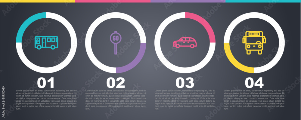 Set line Bus, Speed limit traffic, Hatchback car and . Business infographic template. Vector Set line Bus, Speed limit traffic, Hatchback car and . Business infographic template. Vector