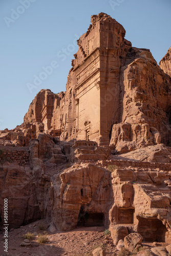 Unayshu tomb in the lost city of Petra illuminated at sunset, Petra, UNESCO World Heritage Site, Jordan, Middle East photo