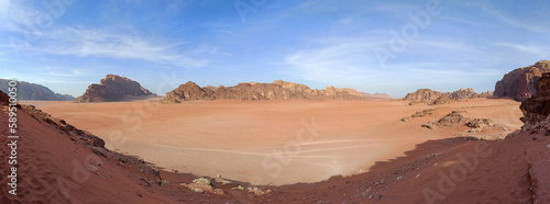 Wide panorama of the plain of Wadi Rum desert, Jordan, Middle East photo