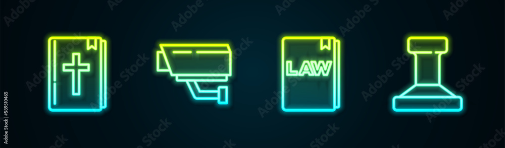 Set line Holy bible book, Security camera, Law and Stamp. Glowing neon icon. Vector Set line Holy bible book, Security camera, Law and Stamp. Glowing neon icon. Vector