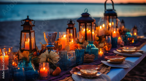 A charming image of a romantic beach dining setup, showcasing the enchanting ambiance of a luxurious private island getaway