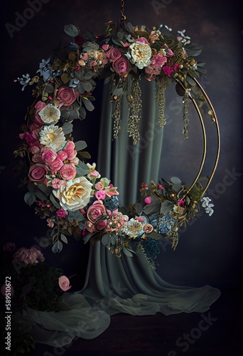 Dark hanging floral halo ring photography backdrop
