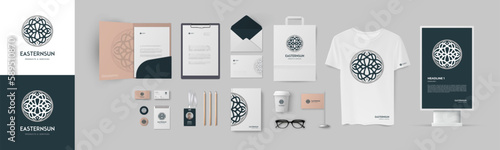 Premium branding template. Lux ornament vector logo and dark blue background. Mock up pack of folder and A4 form, envelope and business card, paper bag and notepad, ID badge and street lightbox.