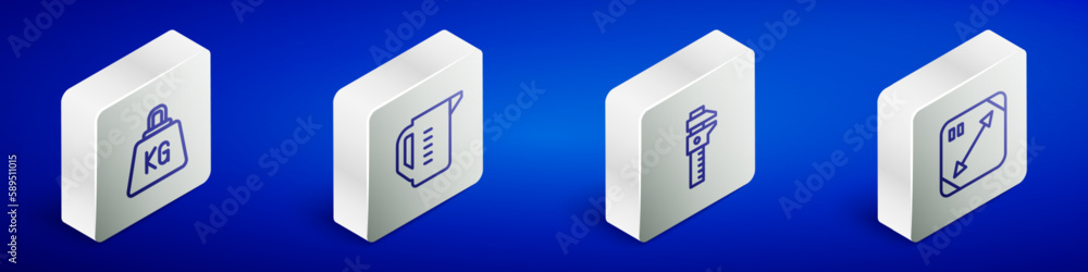 Set Isometric line Weight, Measuring cup, Calliper or caliper and scale and Diagonal measuring icon. Vector Set Isometric line Weight, Measuring cup, Calliper or caliper and scale and Diagonal measuring icon. Vector