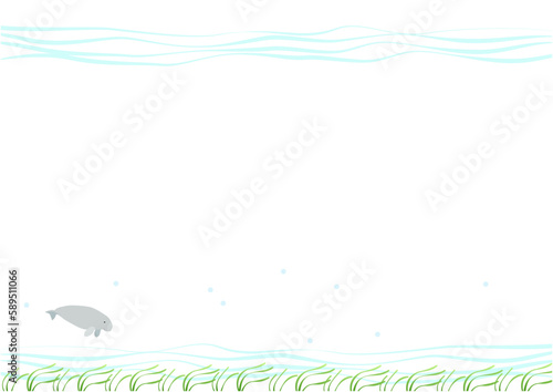 Background with cartoon-style illustration of dugong swimming in an eelgrass bed