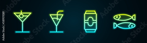 Set line Martini glass, Cocktail, Beer can and Dried fish. Glowing neon icon. Vector