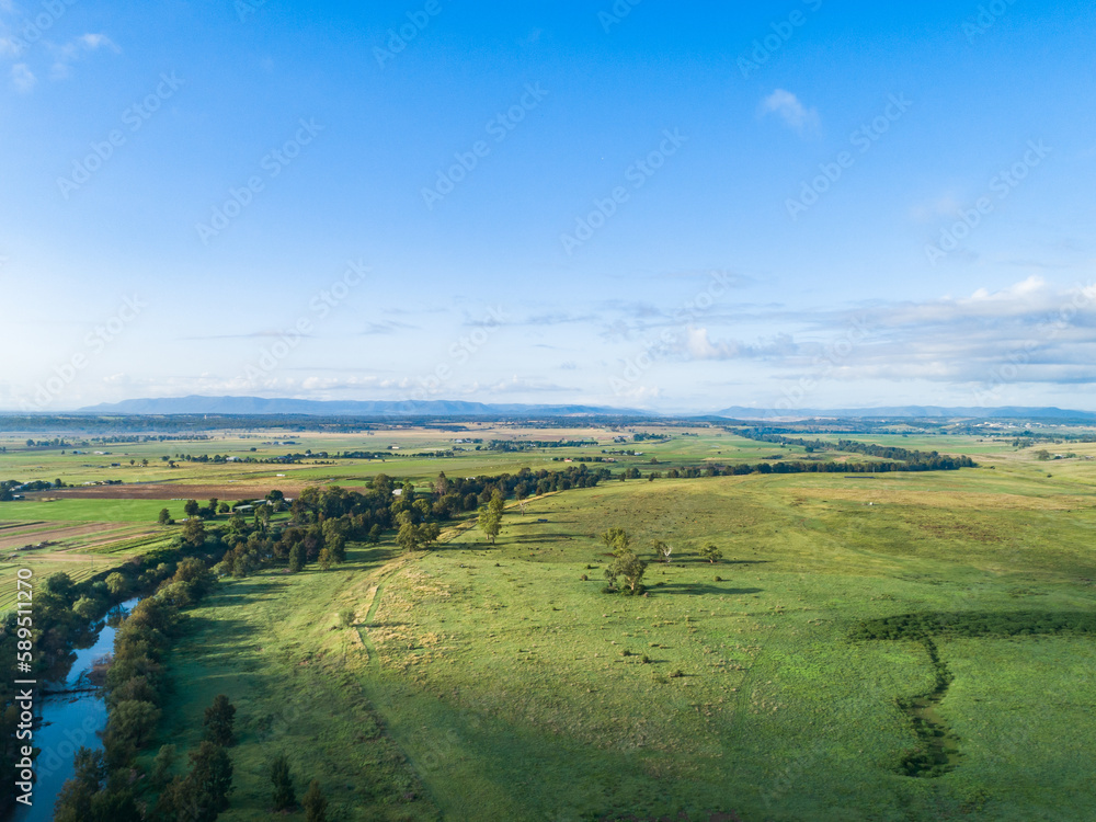 Aerial View of River winding through green countryside in Hunter Valley Aerial View of River winding through green countryside in Hunter Valley