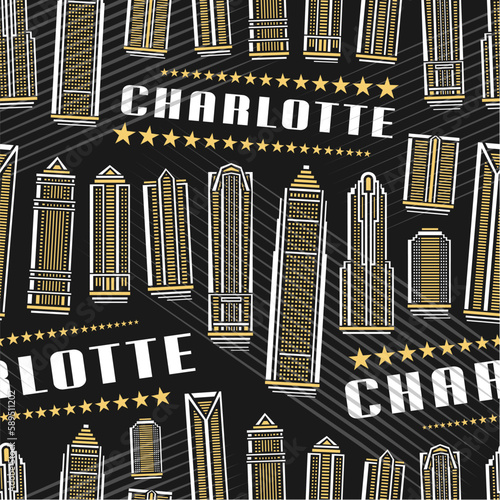 Vector Charlotte Seamless Pattern, repeat background with illustration of famous charlotte city scape on dark background for wrapping paper, decorative line art urban poster with white text charlotte
