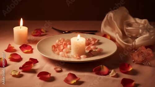 Beautiful romantic table setting on beige background. Romantic dinner. Valentine s Day. Generative AI.