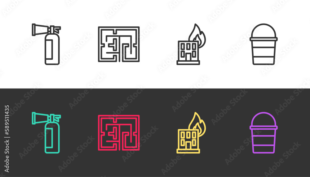 Set line Fire extinguisher, Evacuation plan, burning building and bucket on black and white. Vector Set line Fire extinguisher, Evacuation plan, burning building and bucket on black and white. Vector