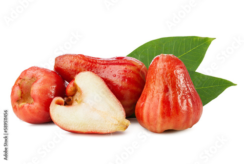 whole and half cut rose apple with leaves isolated on white background.